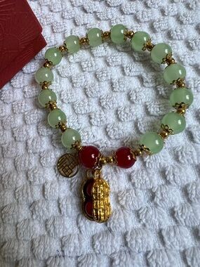 Green and Red Jade Bead Bracelet with Gold Peanut Charm
